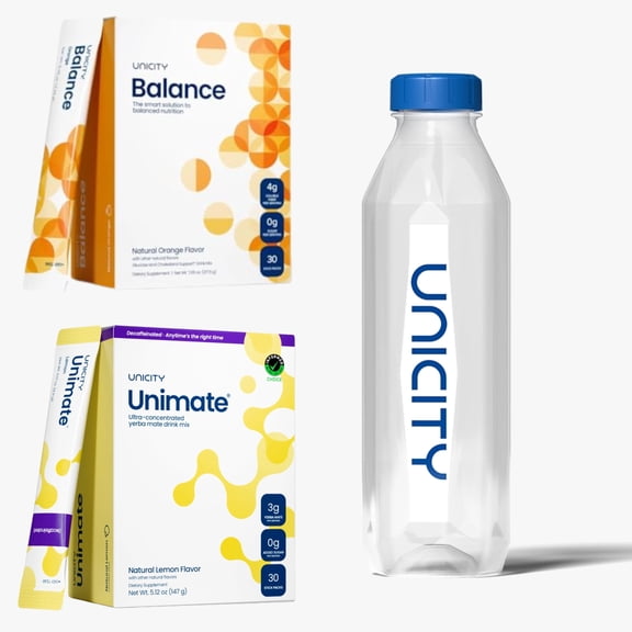 Unicity Drink Mix Duo Pack with Bottle, Orange Balance & Lemon Unimate, 60 Sachets Total (2 Boxes x 30), Fiber Citrus Beverage Powder, Reusable Mixing Bottle Included, Low Calorie for Men & Women