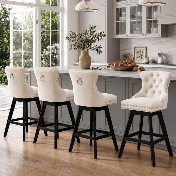 Swivel Bar Stools With Back Sets of 4, LEGAHOME Farmhouse Beige Bar Stools for 34–38" Kitchen Island, 26" Velvet Upholstered Barstools Counter Stools for Breakfast, 4 PCS