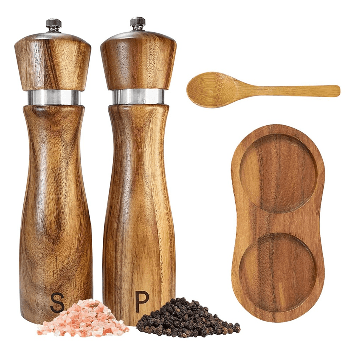 Wooden Salt and Pepper Grinder Set Pepper Grinder Manual,Adjustable Coarseness,with Salt&Pepper Mill Tray,Spoon