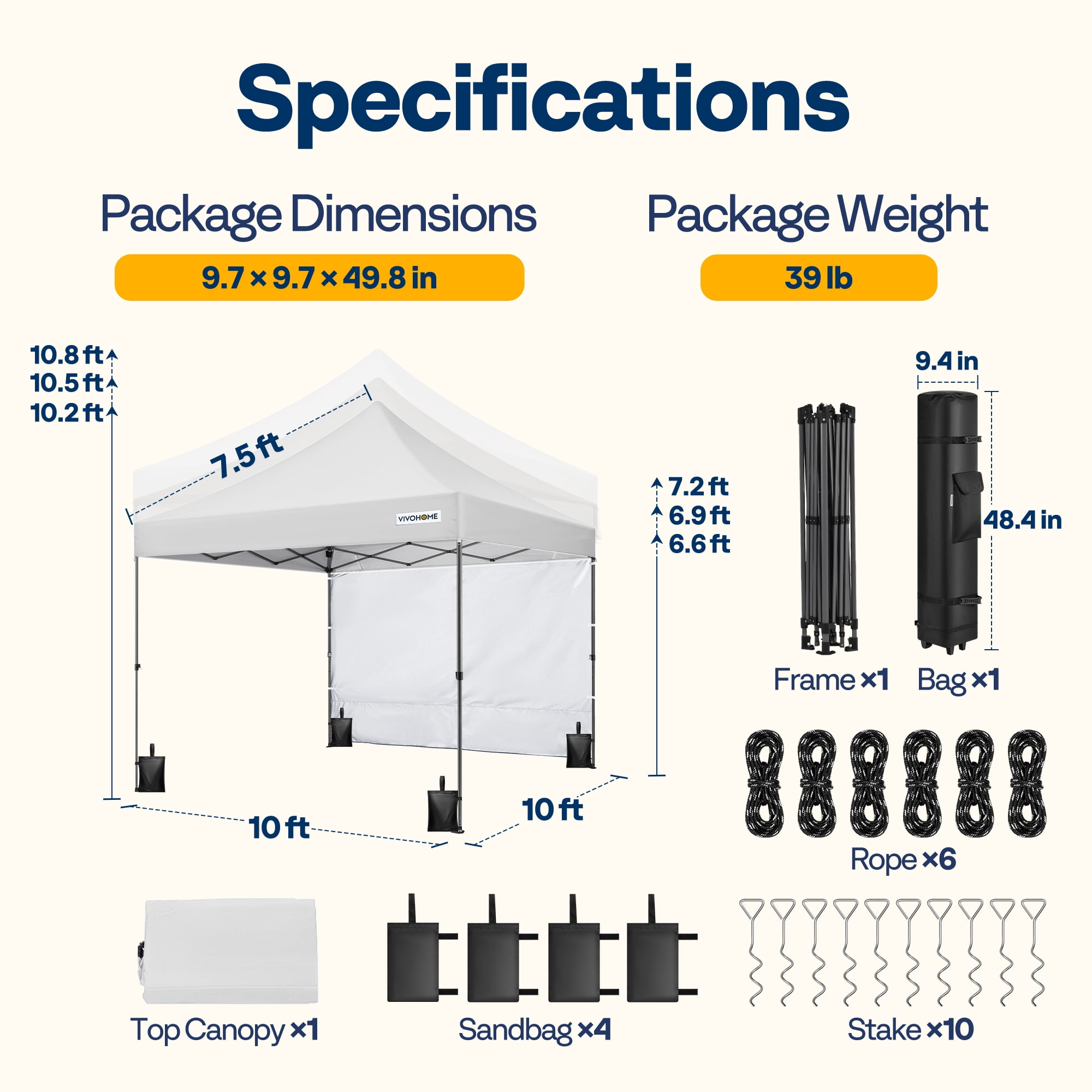 SPECSTAR 10x10 Heavy Duty Pop Up Outdoor Canopy Tent with Center Lock, Commercial Instant Waterproof Canopy Tent with 1 Side Wall Setup Easy for Events Parties Camping, White
