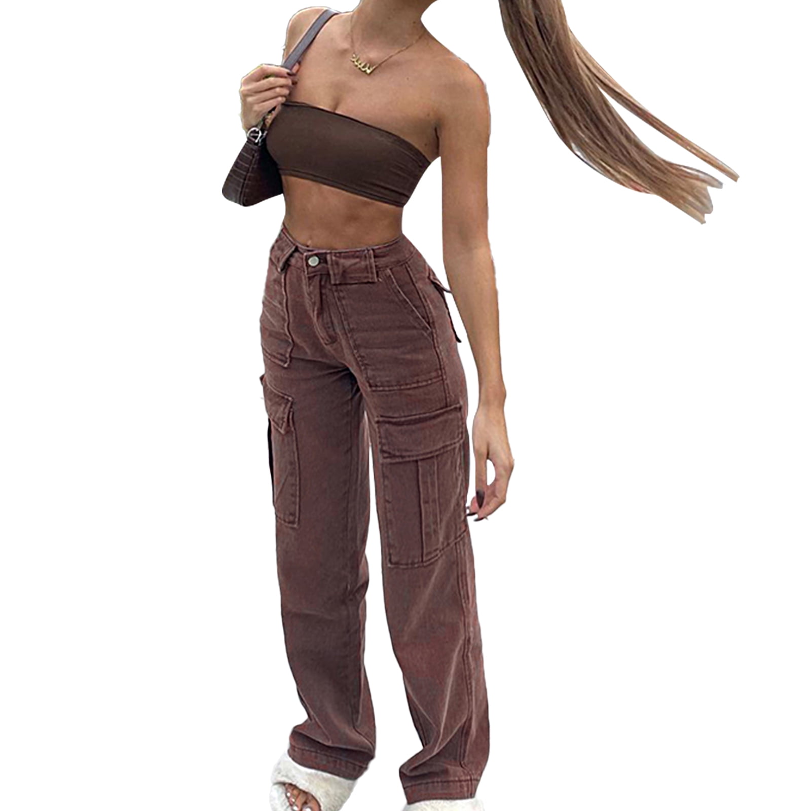 Women Fashion Wide Leg Jeans Brown 