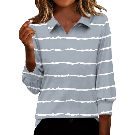 Htigea Women's Striped T-Shirts Dressy 3/4 Length Sleeve Tops with Collar Casual Loose Fit Tunic Blouses Spring Summer Tees Gray S