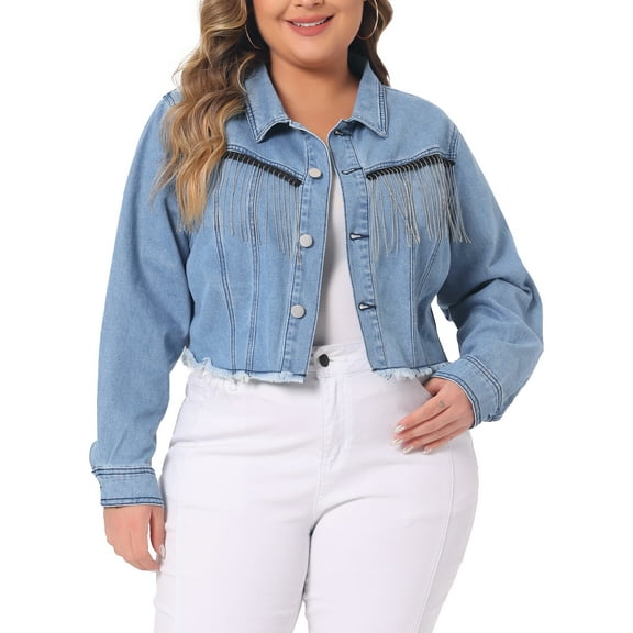 Agnes Orinda Plus Size Denim Jacket for Women Frayed Hem Tassel Button Up Crop Denim Jean Jackets