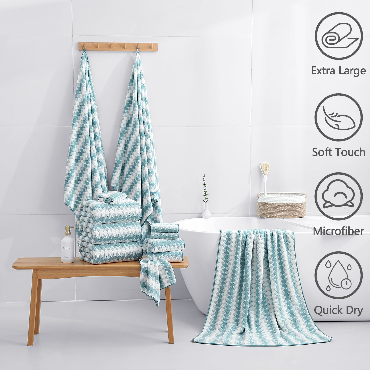 Beartech 8 Piece Microfiber Bath Towel Set 2 Oversized Bath Sheet,2 Hand Towels and 4 Washcloths| Ultra Soft & Less lint,Highly Absorbent Quick Dry Shower Towel For Bath Hotel-Lake Blue