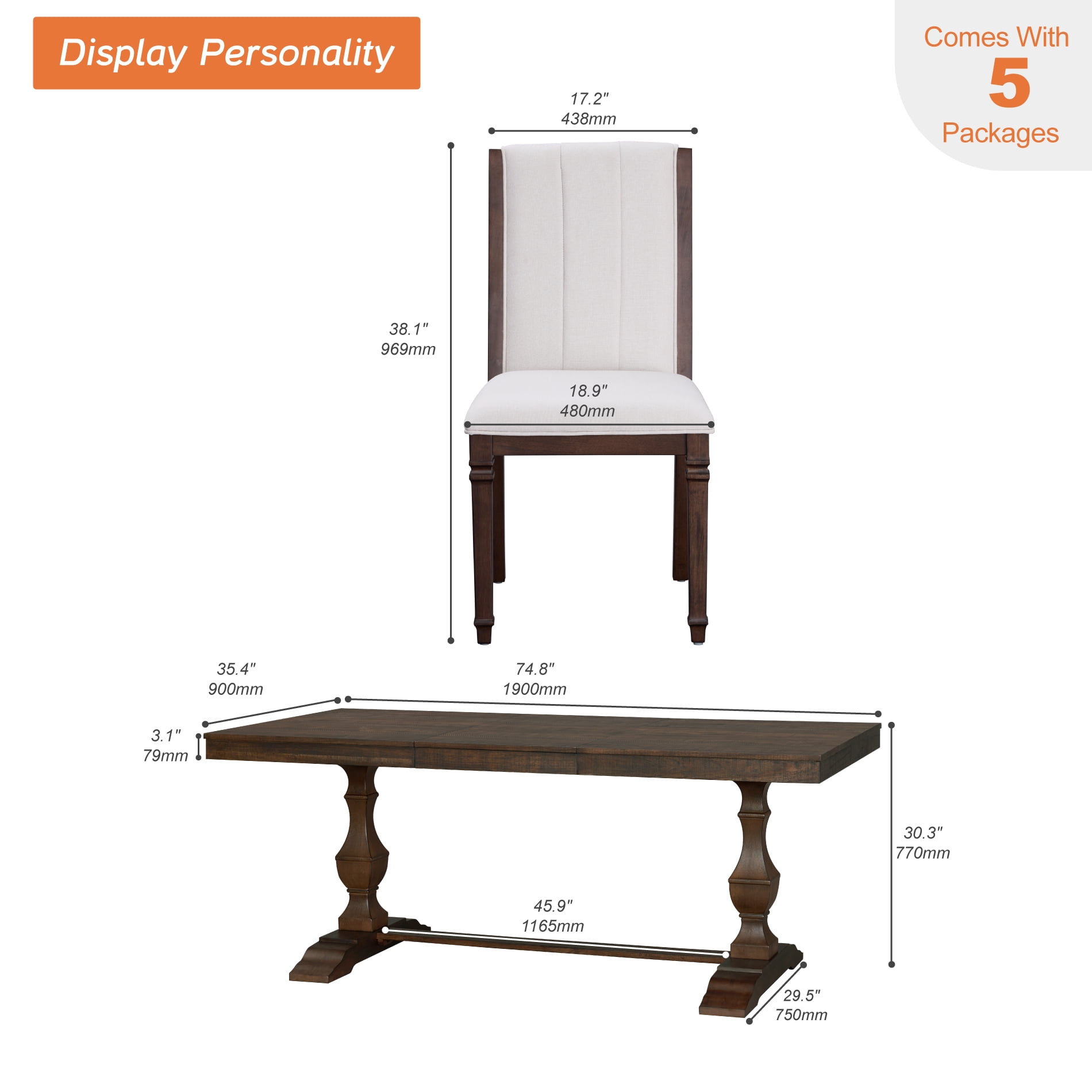 WAMPAT 7-pieces Farmhouse Dining Table Set for 6-8,74.8" Kitchen Table with Chairs,Solid Wood Legs and Upholstered Back for Dining Room & Living Room,Espresso