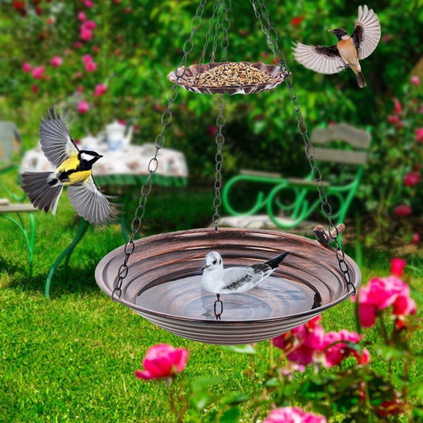 Comedero colgante para pájaros, bandeja de alimentación de 2 capas con drenaje, con gancho y cadena, bandeja para baño de pájaros para jardín,