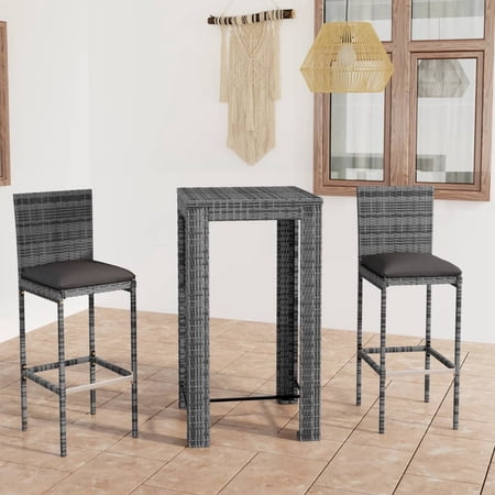 Irfora 3 Piece Patio Bar Set with Cushions Poly Rattan Gray