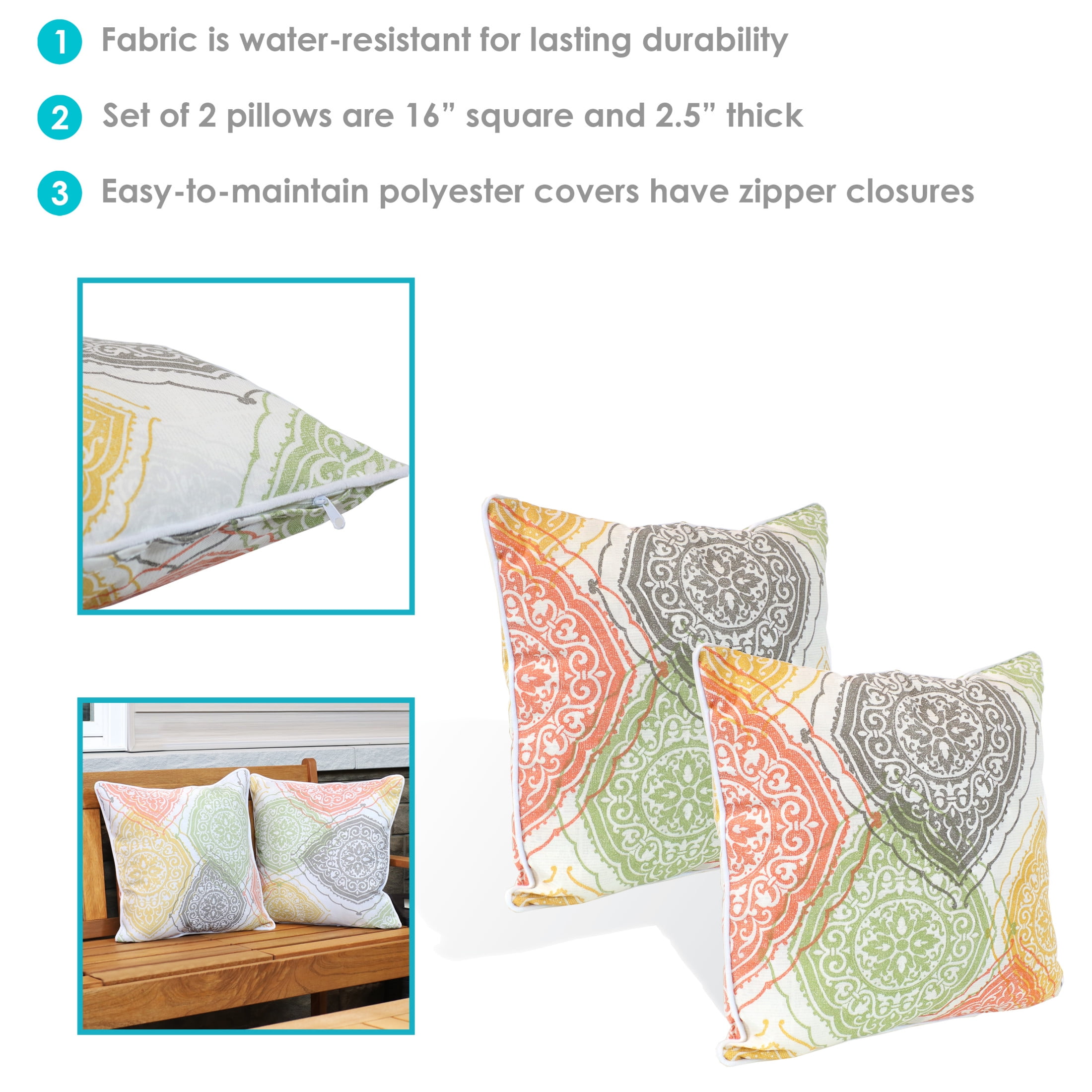 Sunnydaze 16" x 16" Muted Damask Mandalas Polyester Square Outdoor Throw Pillows, 2 Count