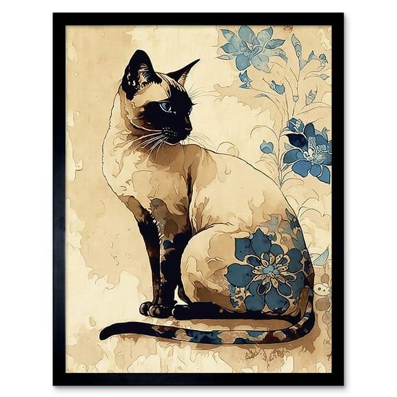Siamese Cat with Blue Flowers Watercolour and Ink Modern Illustration Art Print Framed Poster Wall Decor 12x16 inch