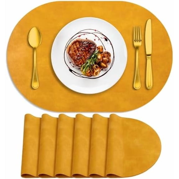 Placemats, Heat Resistant Oval Placemats Set of 6 Washable 12 x 17 Inch, Waterproof Table Mats, Wipeable Pu Place Mats for Kitchen, Dining Room, Yellow