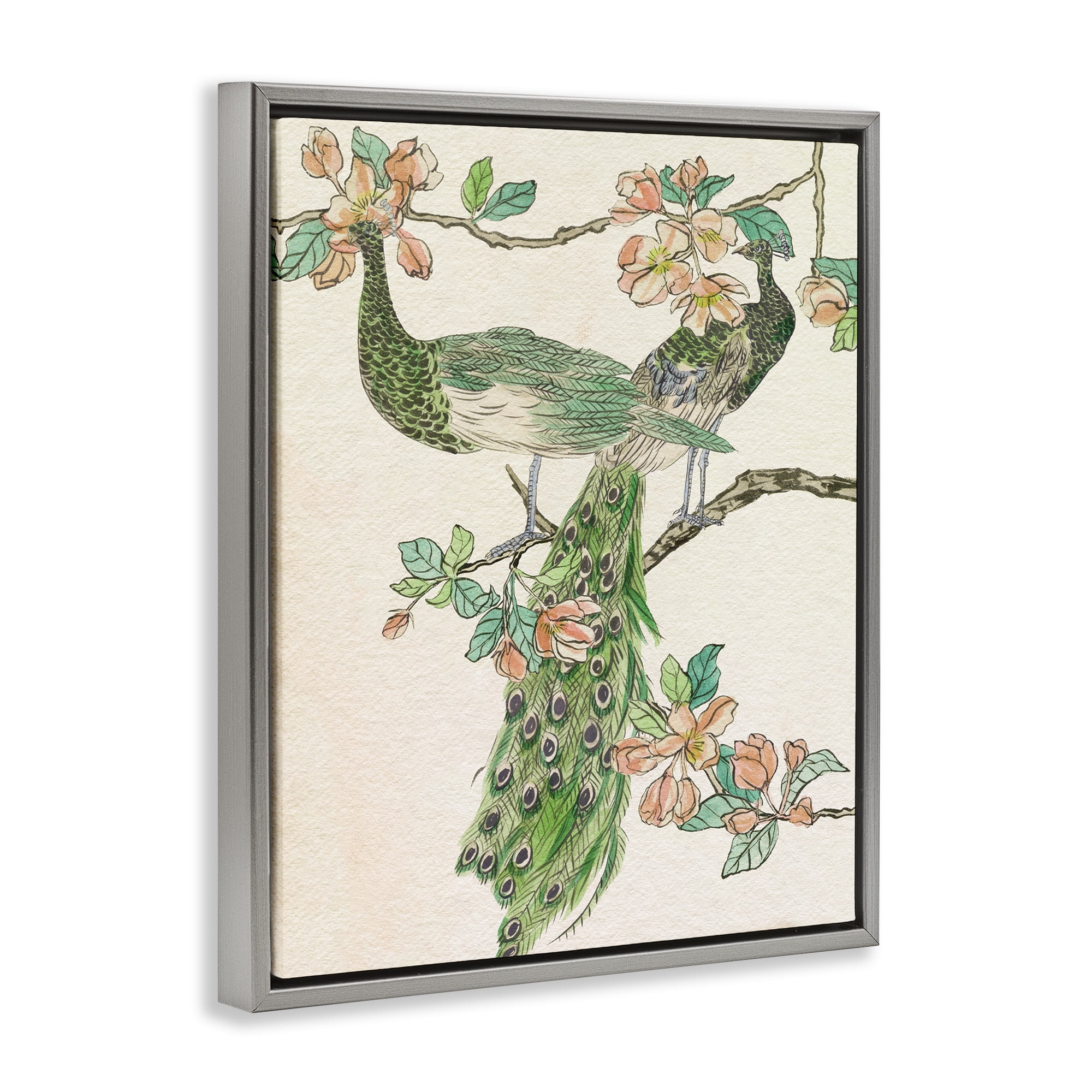 Stupell Industries Peacock & Cherry Blossoms Animals & Insects Painting Gray Floater Framed Canvas Art Print Wall Art, 17 x 21