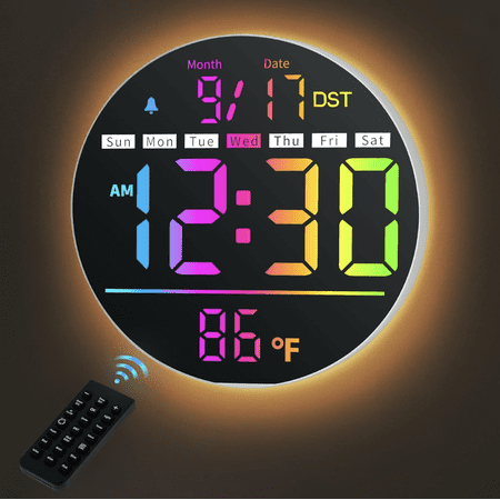 8 LED Large Digital Wall Clock Large Numbers, Plug-in Digital Alarm Clock with Remote for Bedroom, Auto DST, Temperature & Humidity