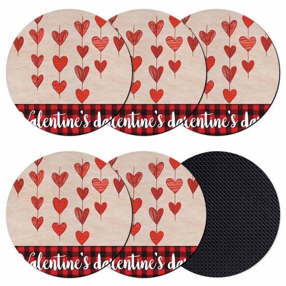 Valentine's Day Coasters Set of 6, Absorbent Coasters for Drinks, Romantic Love Hearts Black Red Plaid Coaster for Desk Coffee Table Protection, Home Decor House Warming Gifts 4"