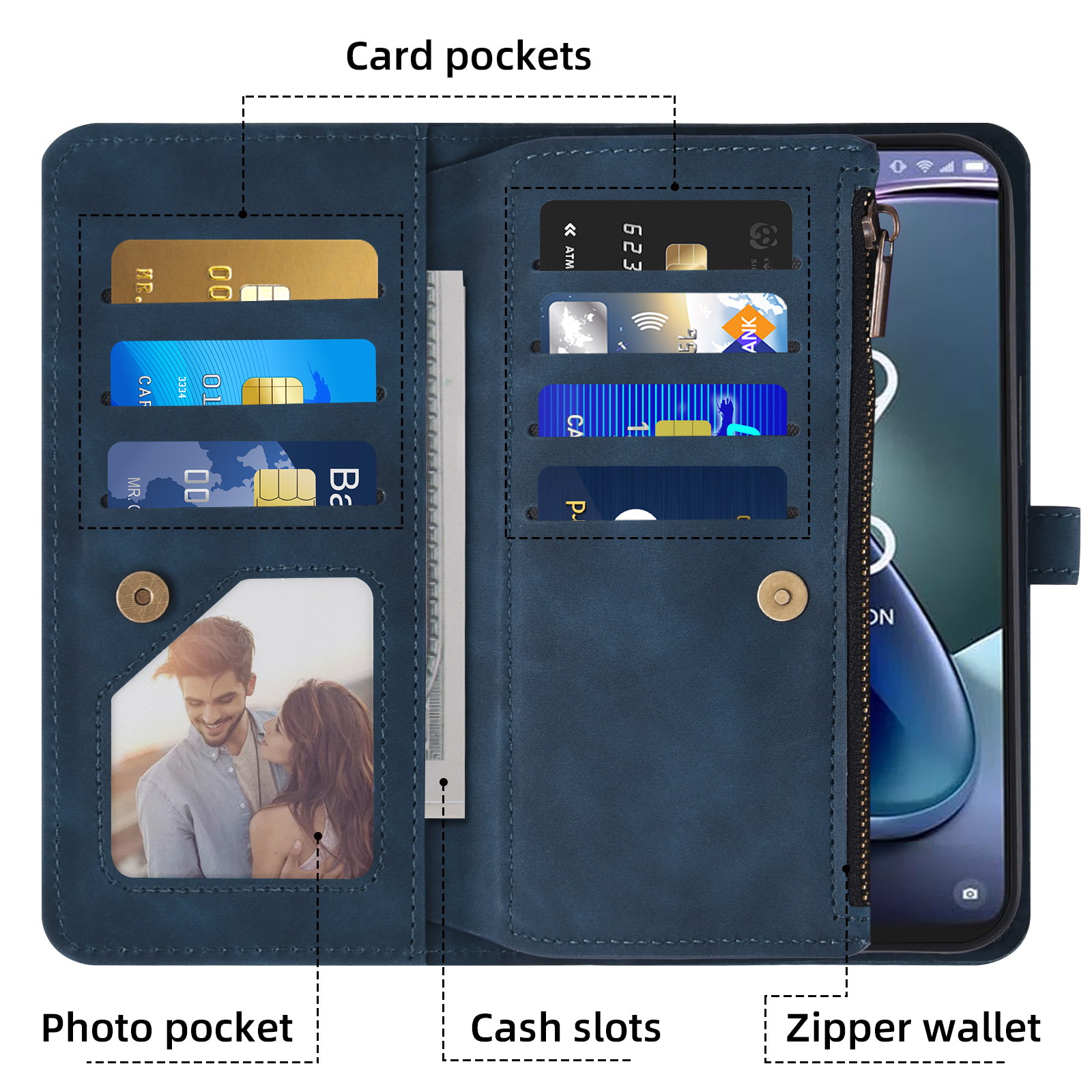 Asuwish Phone Case for TCL 50 XL 5G Wallet Cover With Tempered Glass Screen Protector Crossbody Wrist Strap Flip Pattern Zipper Credit Card Holder Stand Slot Cell TCL50XL 50XL T702W Women Men Blue