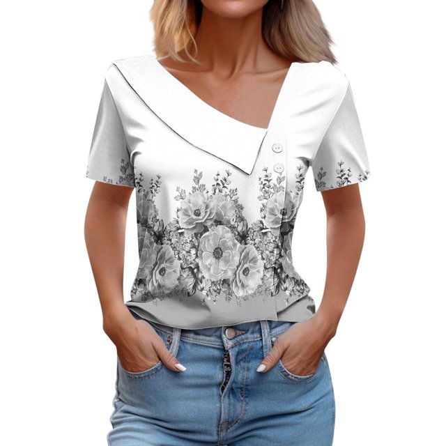 Blouses pour Femmes Imprimées Printemps/été Chemise à Manches Courtes Imprimée Bouton T-shirt Décontracté