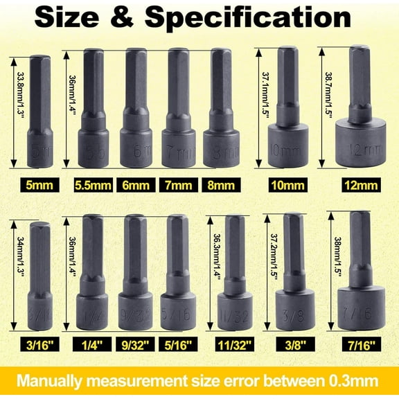 GHRTGR-14PCS Power Nuts Driver Drill Bit Tools Set 1/4" Hex Socket Adapter Bolt Drivers Repairing Tool Kit SAE & Metric Socket Wrench Screw for Electric Screwdriver, Hand Drill, Socket Wrench