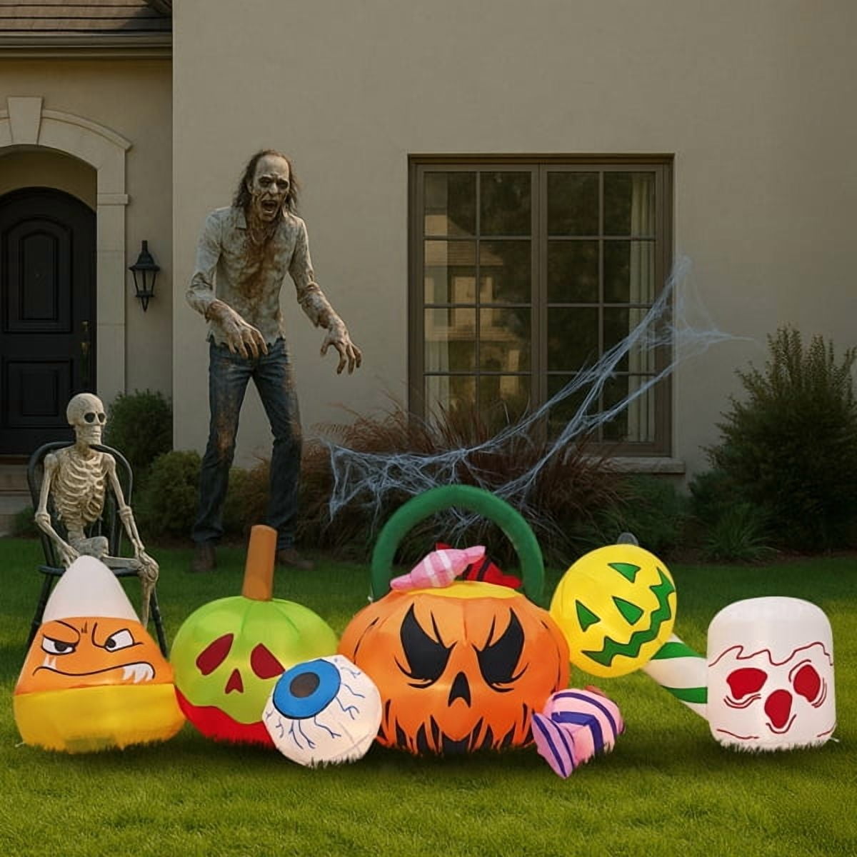 8FT Halloween Inflatable Pumpkin Ghost Scene, Waterproof Polyester, Quick Inflation with Stakes/Ropes for Yard/Garden/Indoor