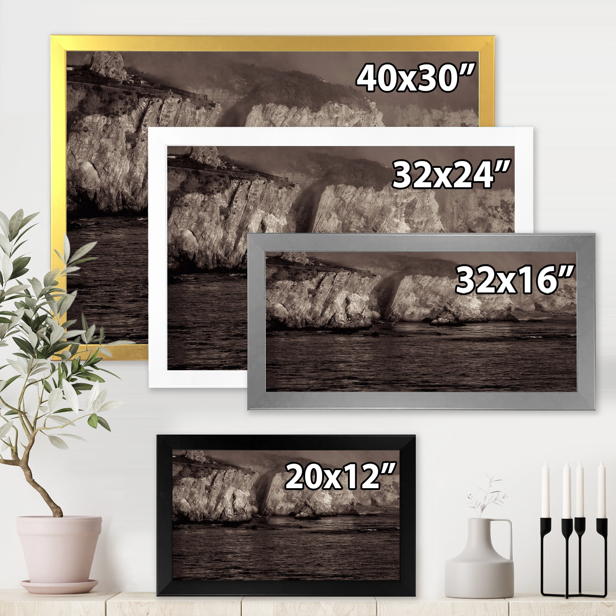 Designart 'Gold Cliffs Over Sea In The Fog' Modern Framed Art Print