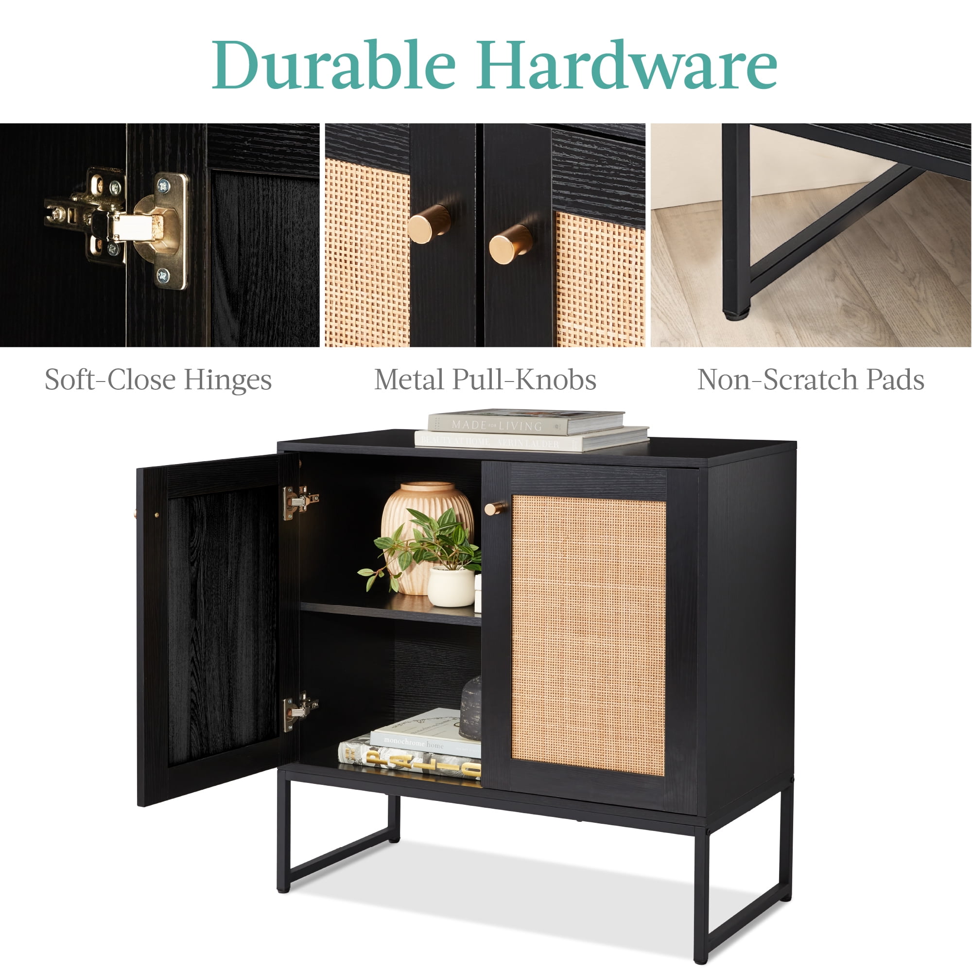 Best Choice Products 2-Door Rattan Storage Cabinet, Accent Furniture, Cupboard w/ Non-Scratch Foot Pads - Black