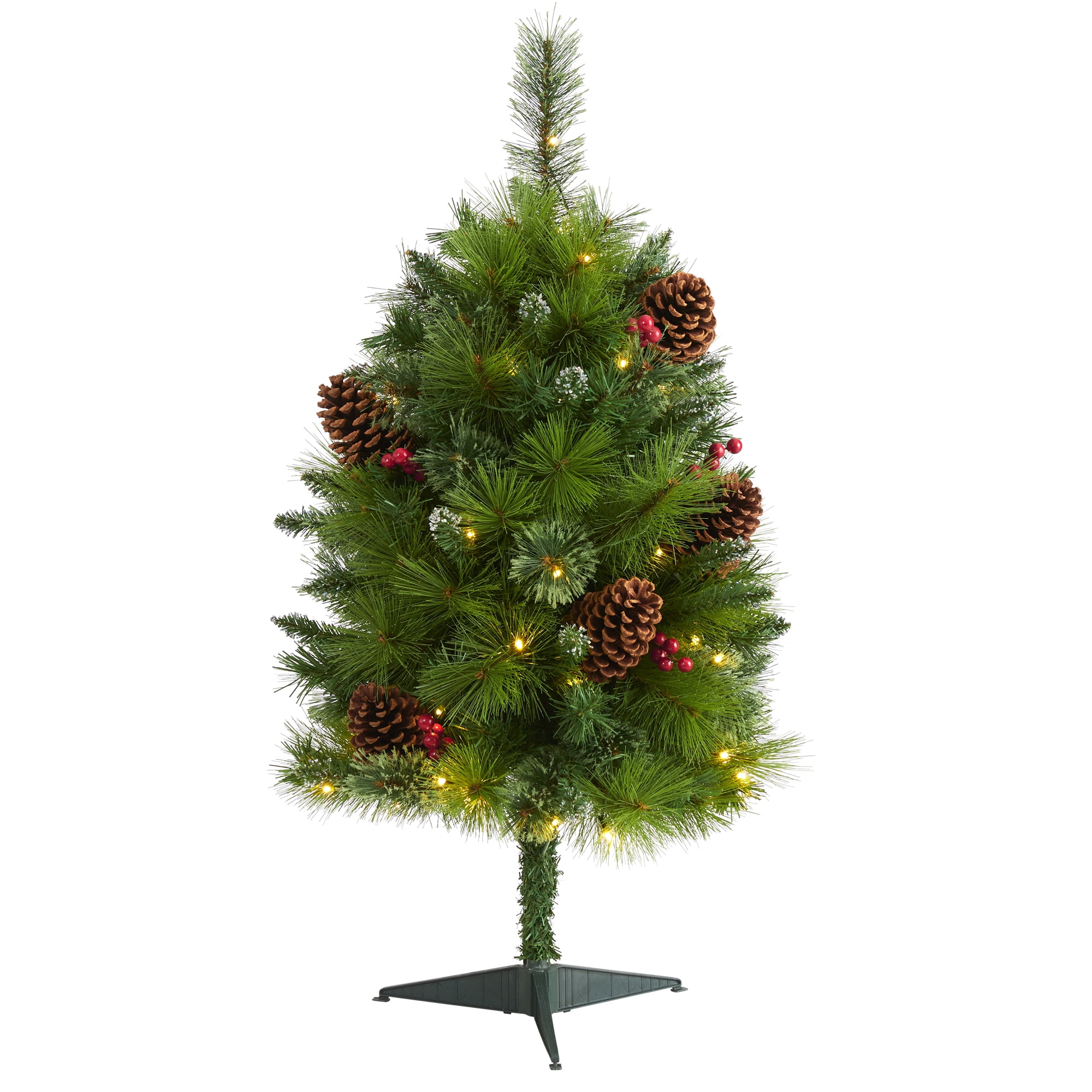 Nearly Natural 3' Green Pine Artificial Christmas Tree with Pinecones Berries Prelit 50 Clear LED Lights