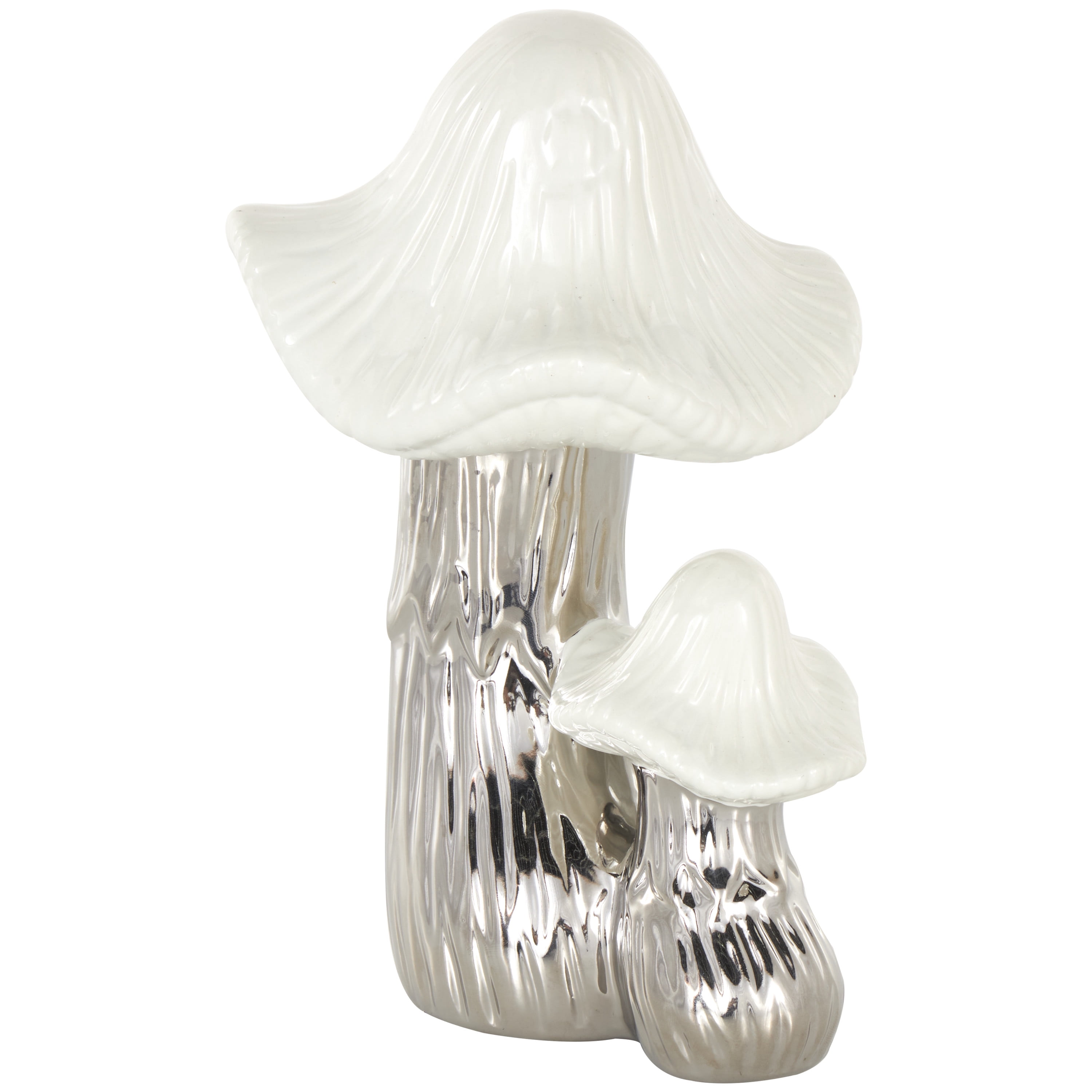 7" x 10" Silver Ceramic Mushroom Sculpture with White Tops and Textured Grooves, by DecMode
