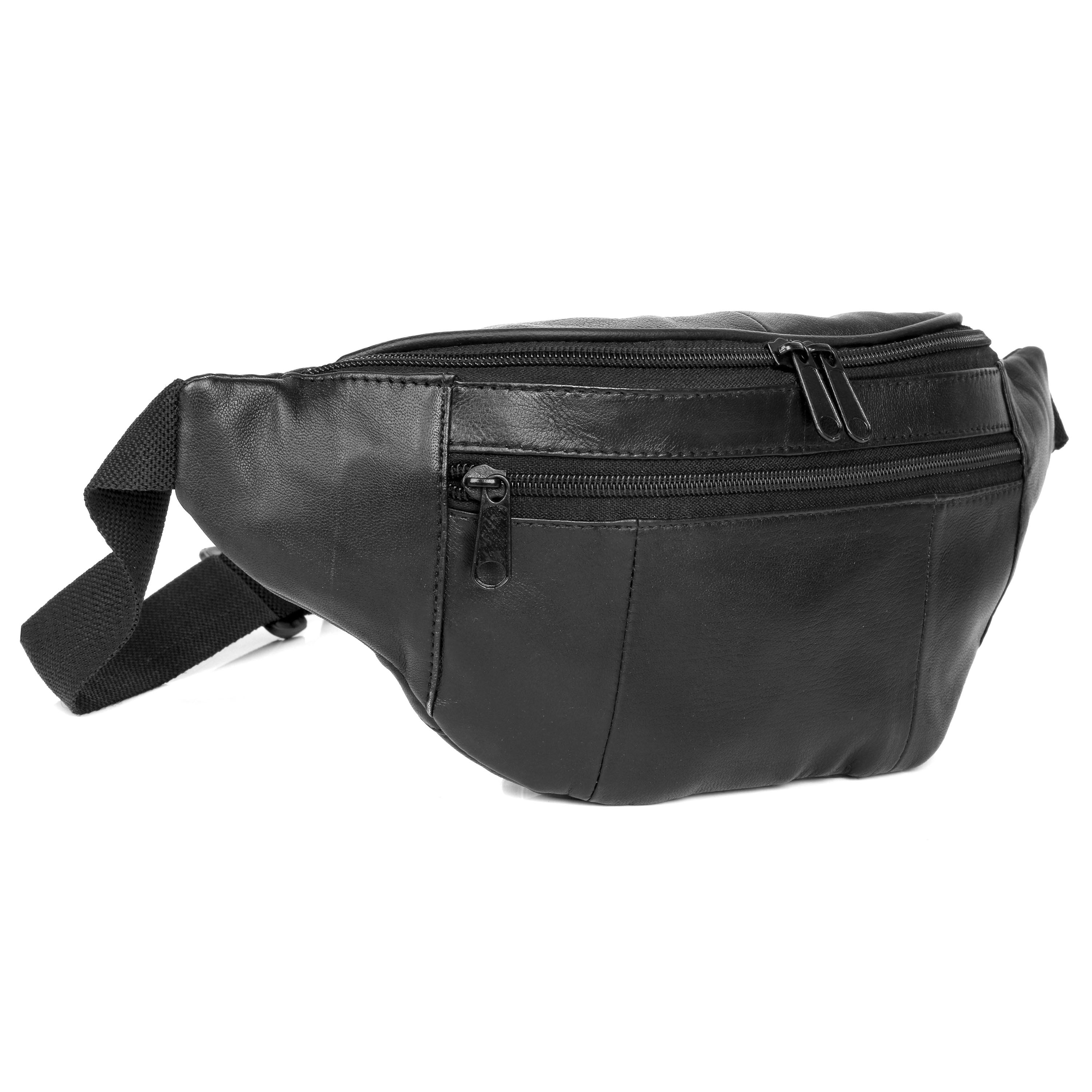 J. Buxton Men's 3-Zipper Belt Bag Fanny Pack Leather, Black