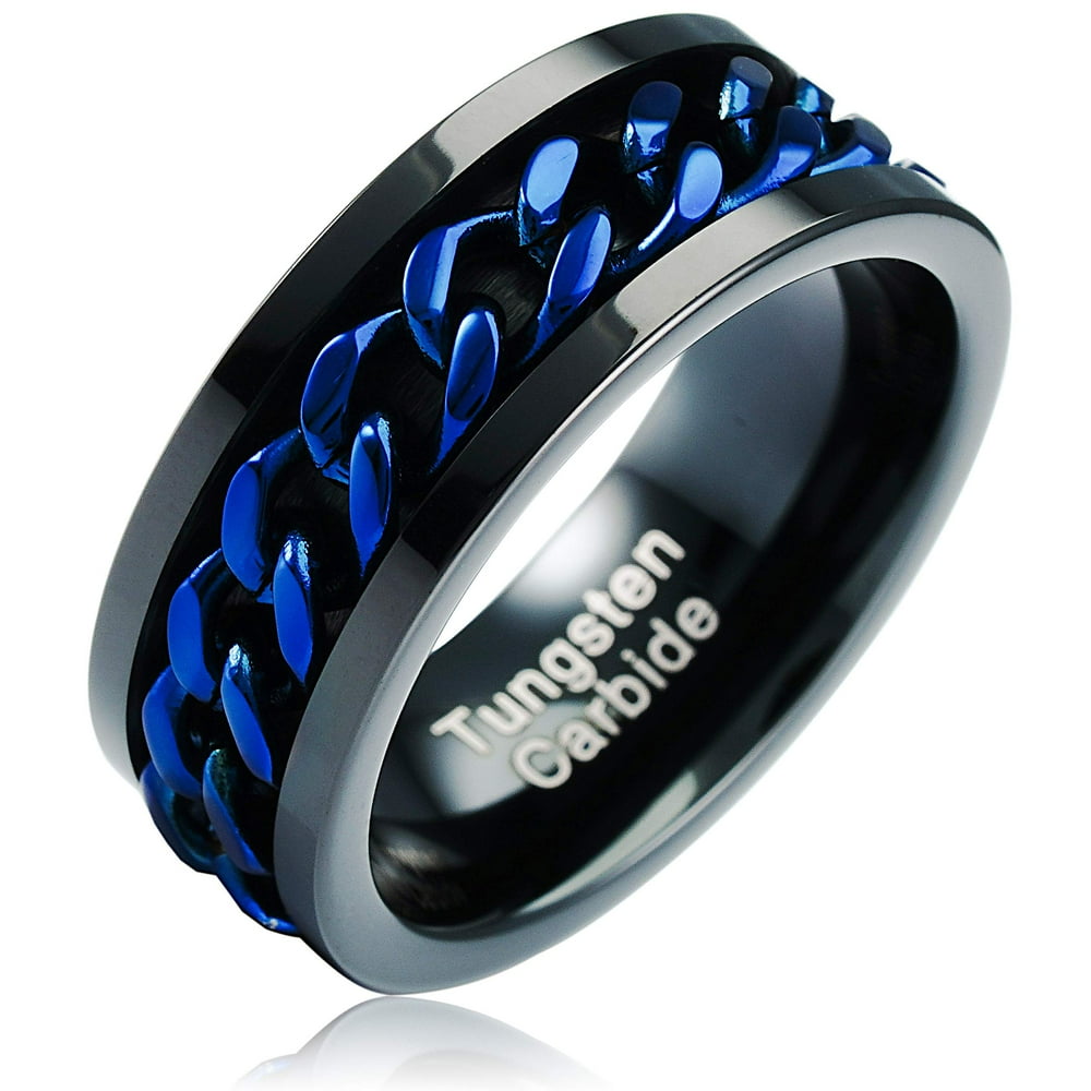 100S Jewelry 100S JEWELRY Spinner Blue Cuban Link Black Tungsten Ring