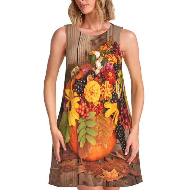 Fotbe Autumn Bouquet Pumpkin For Thanksgiving Vestido de Verano sin Mangas para Mujer – Vestido Midi Línea A, Estilo Camiseta Floral, Vestido Playero Casual y Fluido