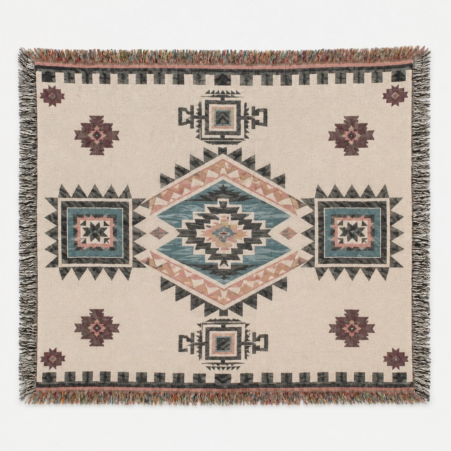 Southwestern Geometric Multicolor Woven Throw Blanket 100% Cotton Rustic Style for Sofa and Living Room