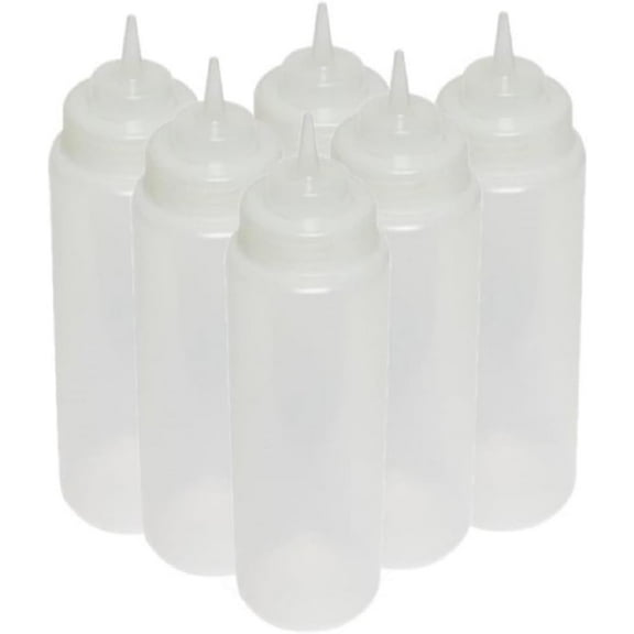 TrueCraftware- Set of 6 Squeeze Condiment Wide Mouth Dispensing Bottles 24 oz Clear- Plastic Squeeze Bottle For Sauces Spreads Ketchup Mustard Mayo Hot sauces and Olive oil