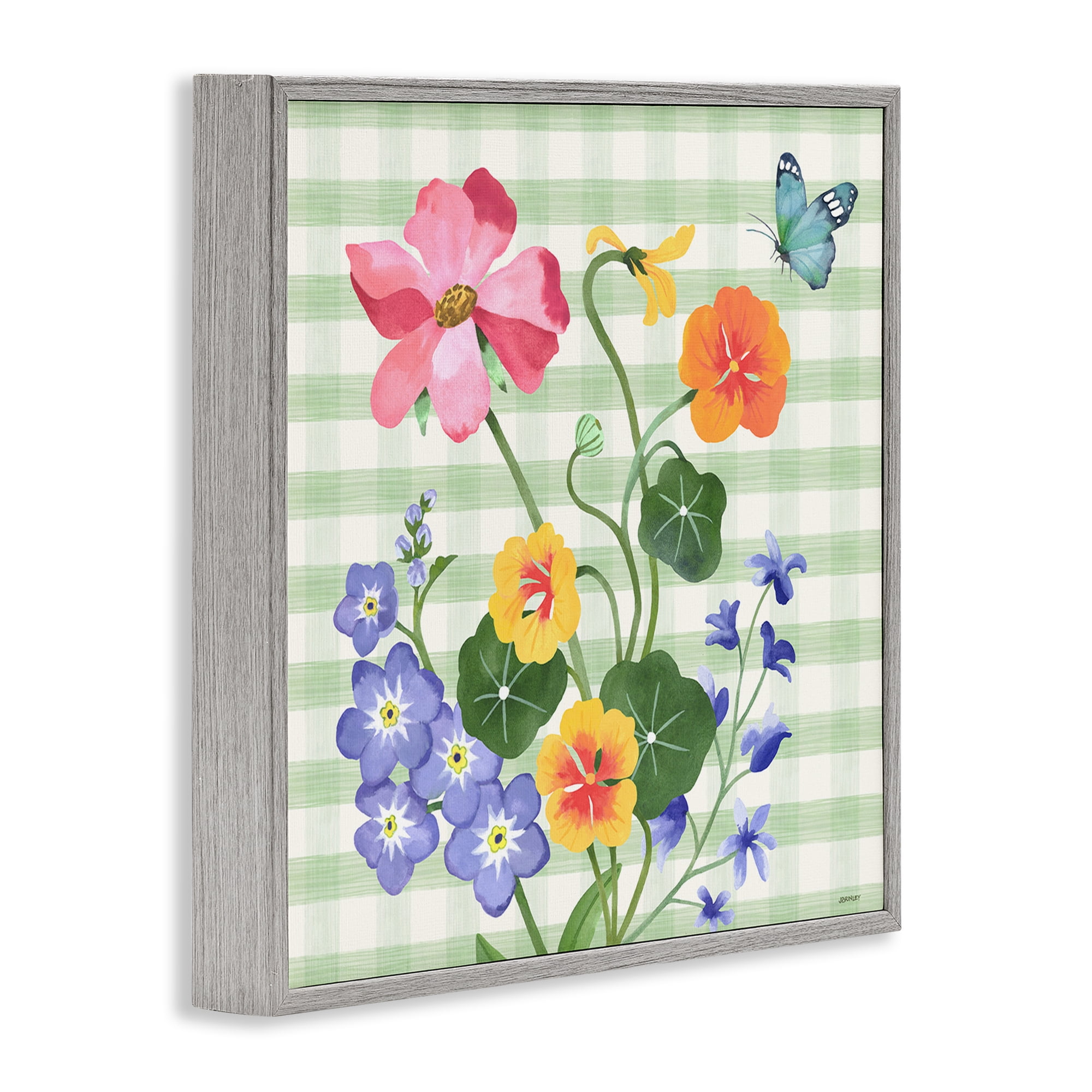 Stupell Industries Gingham Garden Flowers Botanical & Floral Painting Gray Framed Art Print Wall Art, 24 x 24