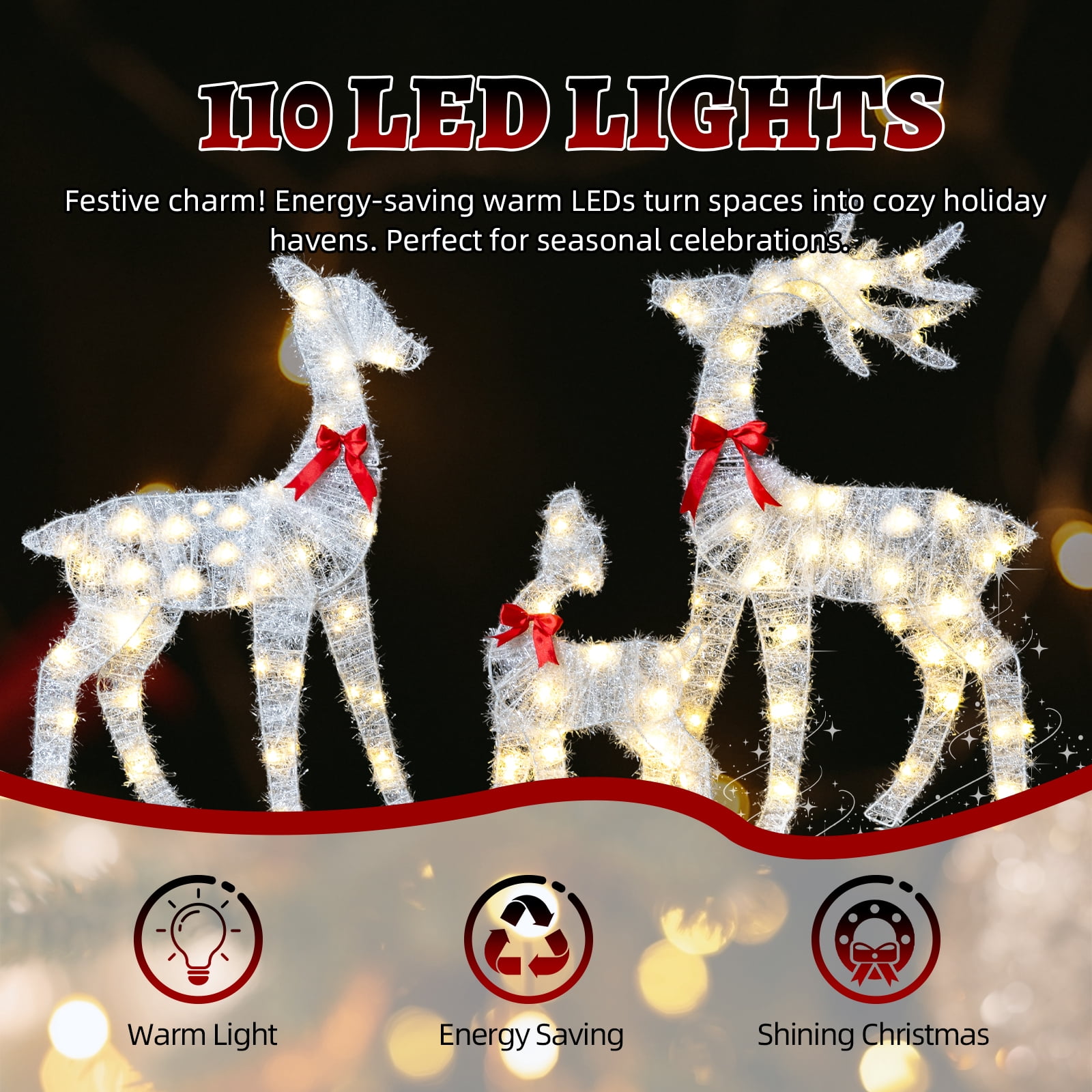 Astoutdoor 3-Piece Lighted Tinsel Christmas Reindeer Family Set, Pre-Lit 110 LED Warm White Lights, White, 2.4 ft