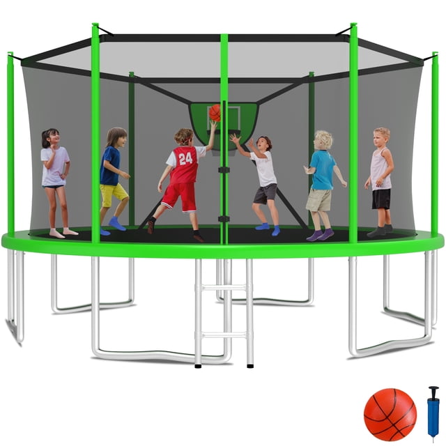 KOFUN 1500LBS 16FT Trampoline for Kids and Adults Outdoor Backyard Trampoline with Safety Enclosure Net, Removable Basketball Hoop, Ladder, A Ball, Green