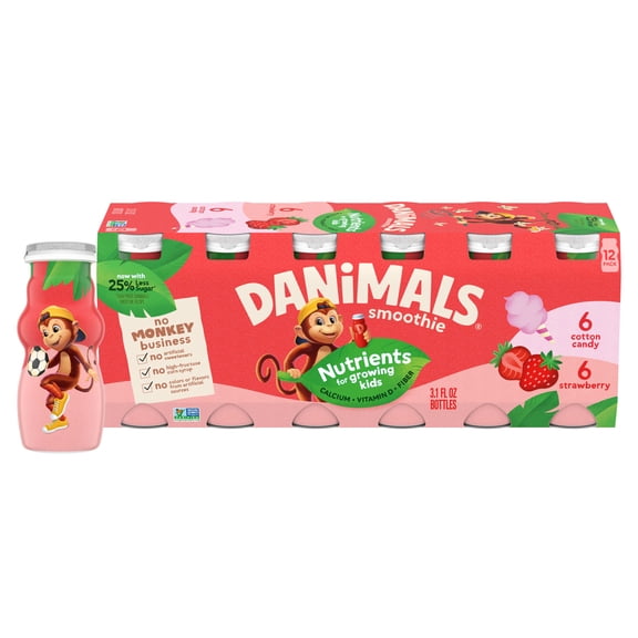 Danimals Smoothie Strawberry and Cotton Candy Low Fat Dairy Drink Smoothie Bottles Multi-Pack, 3.1 fl oz, 12 Count