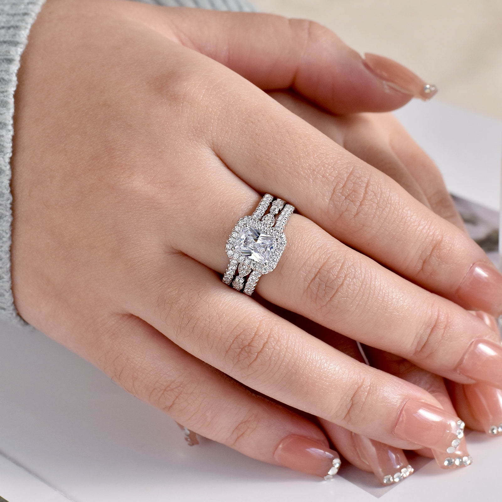 Newshe 2.78Ct Wedding Band Bridal Ring Enhancer Engagement Ring Set for Women 925 Sterling Silver Radiant White Gold 5A Cz Size 9
