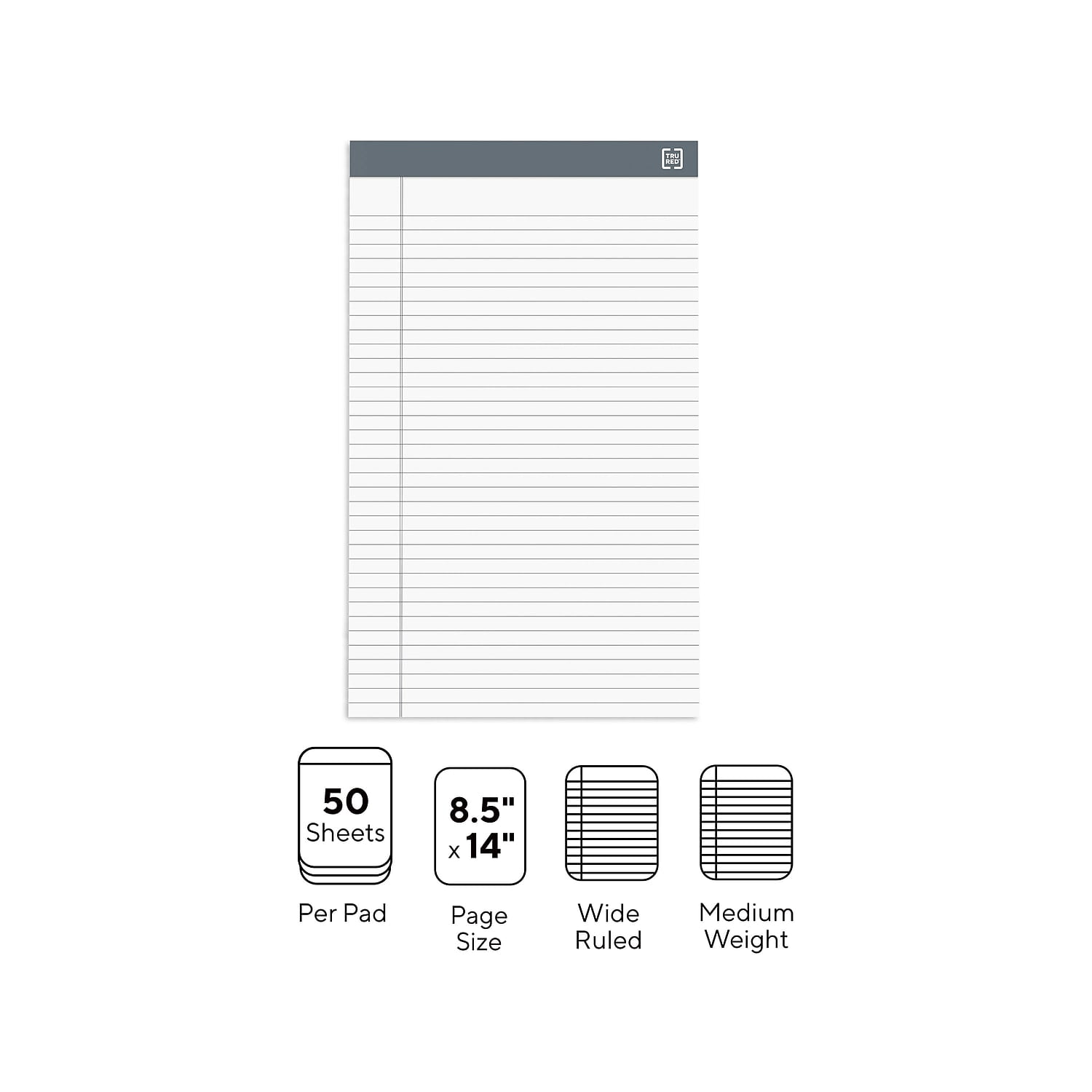 Staples TRU RED Notepads 8.5" x 14" Wide Ruled White 50 Sheets/Pad 12 Pads/Pack TR57372