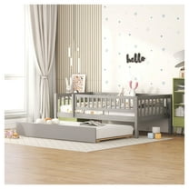 Twin Size Wood Daybed with Trundle and Fence Guardrails, Gray