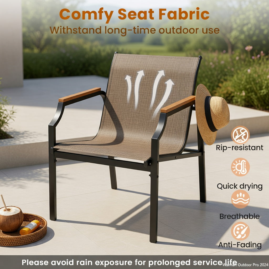 Hommoo 3-Piece Outdoor Patio Furniture Set, 2 Ergonomic Metal Chairs + Tempered Glass Coffee Table, Breathable Fabric Seats, Brown