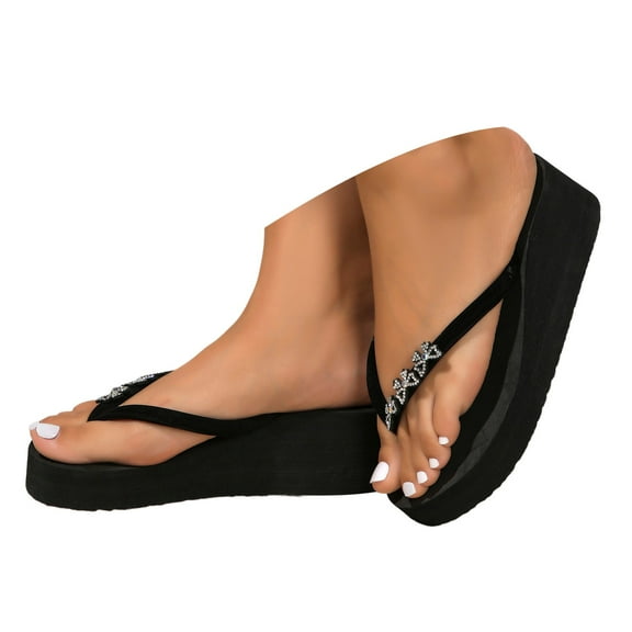 Dakaela Women's Platform Flip Flop Rhinestones Arch Support Cushion Wedge Summer Thong Sandals Black 6.5