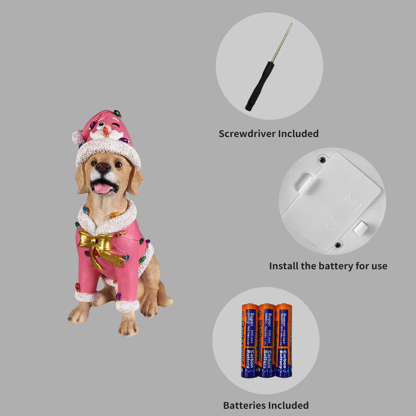 Labrador Pink Santa Outfit Christmas Dog Statue with Santa Hat Holiday Tabletop Decor