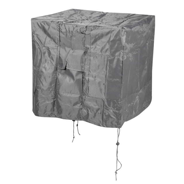 Unique Bargains Oxford Cloth Air Conditioner Cover, 24x24x30 inches, waterproof grey design for central air conditioners. Made of durable oxford cloth material, featuring mesh vents for air circulation, elastic hem cord, and adjustable buckles for secure installation. Ideal for protecting square vertical AC units from rain, snow, wind, and sun damage.