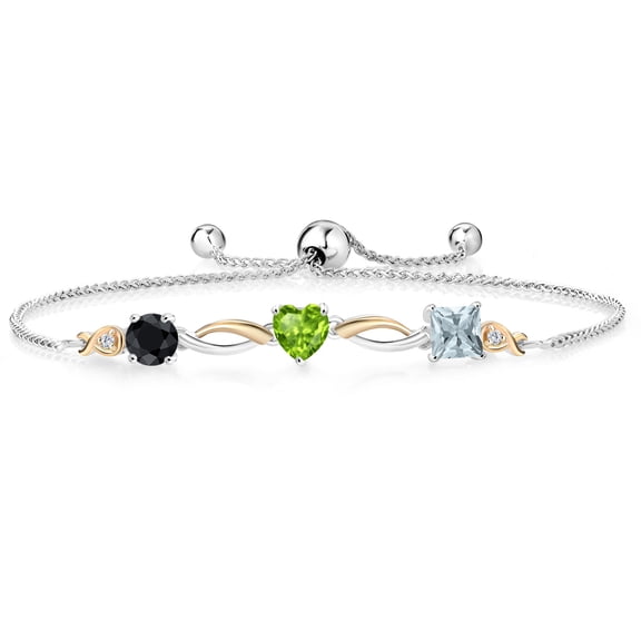 Gem Stone King 925 Silver and 10K Yellow Gold Black Sapphire Green Peridot Sky Blue Aquamarine and Lab Grown Diamond Tennis Bracelet for Women By Keren Hanan (1.96 cttw, Adjustable up To 9 inch)