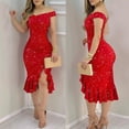 thumbnail image 2 of Evdexr Off Shoulder Sequin Short Party Dresses for Women with Sleeves Glitter Ruffle Hem Slit Mini Formal Prom Cocktail Gown Red L, 2 of 8