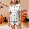 thumbnail image 2 of Zuwimk Halloween Pajamas Toddler Girl Graphic Print Pajama Set Short Sleeve Button Down Shirt Short Fall 2 Piece Satin Pjs,Y053-Green, 2 of 7