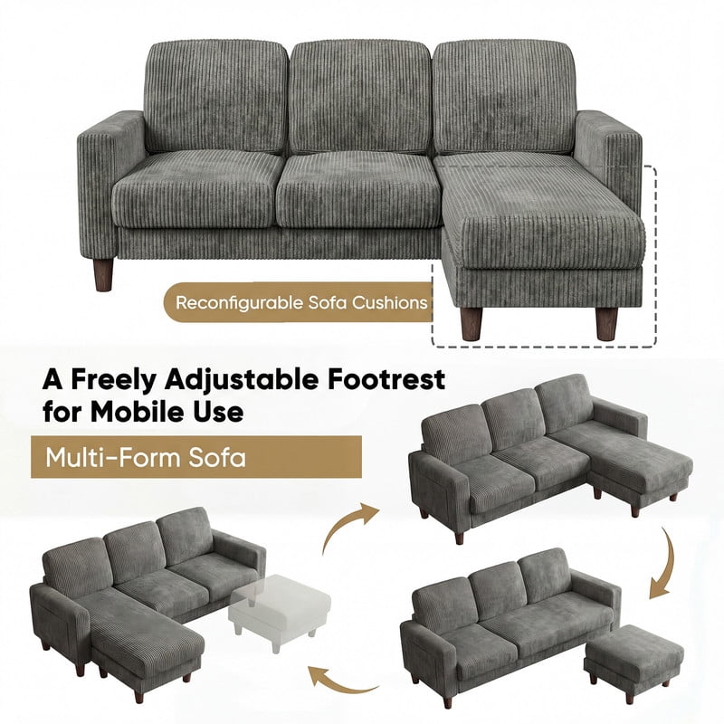 Homall Cloud Modular Sectional Sofa 3 Seat L-Shaped Cloud Oversized Sofa Couch for Living Room, Apartment and Small Space,Corduroy Gray