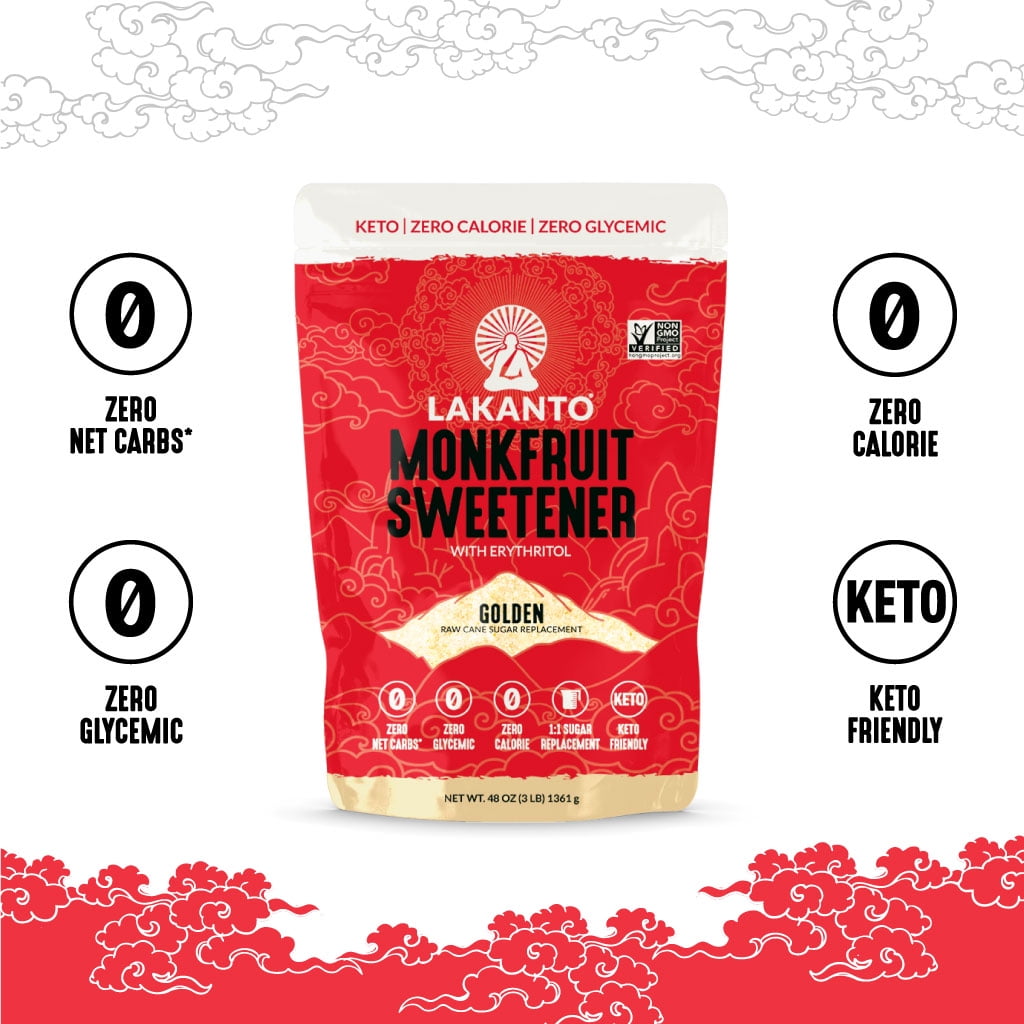 Lakanto Golden Monk Fruit Sweetener - Raw Cane Sugar Substitute, Zero Calorie, Keto Diet Friendly, Zero Net Carbs, Zero Glycemic, Baking, Extract, Sugar Replacement (Golden - 3 lbs)