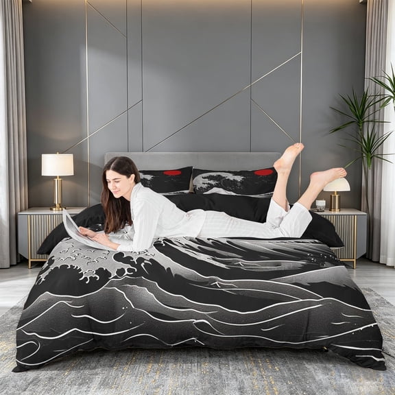 meiyoeat Japanese Black Wave Bedding For Kids,Ukiyo-E Style Print Duvet Cover Full,Black Reversible,3 Pieces(No Comforter)