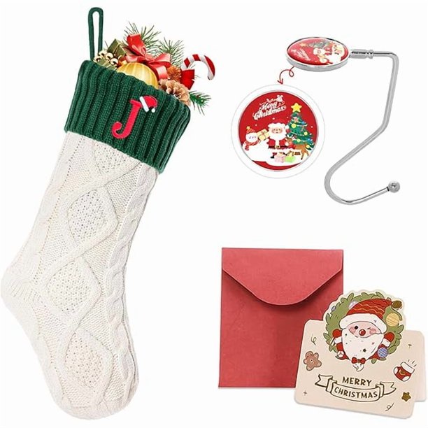 wonima44 Initial Christmas Stockings, 18’’ Large Embroidered Monogram Knit Christmas Stocking,Xmas Stocking for Kids, Holiday and Family Stocking for Fireplace or Party Decoration White-Green Letter J
