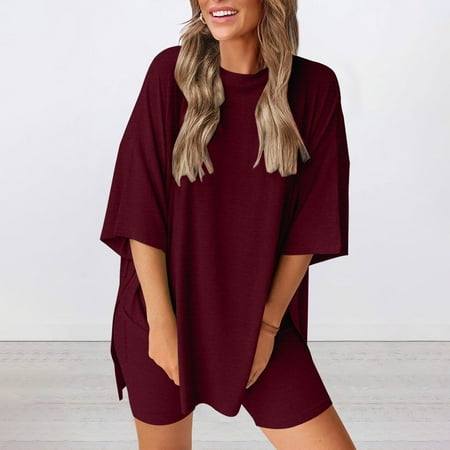 Women s Shorts Suit Women S Two Piece Set 2025 Summer Casual Oversized Shirts Biker Shorts Matching Travel Outfit Red Women s Shorts Suit XS