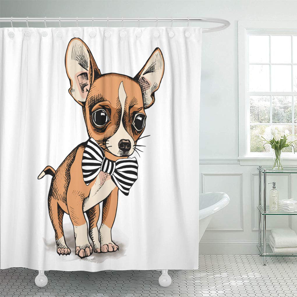 Cute Chihuahua Set Shower Curtain Decor Bathroom Bath Mat Polyester Fabric Hooks 
